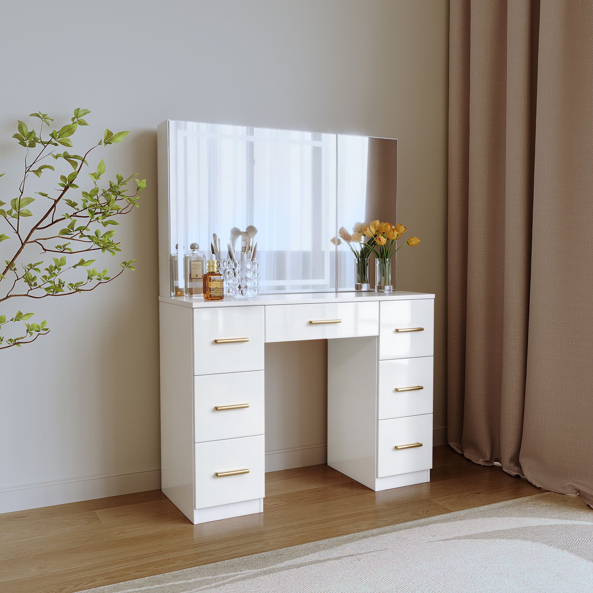 طاولة تزيين تسريحة - لون أبيض بواجهة لامعة